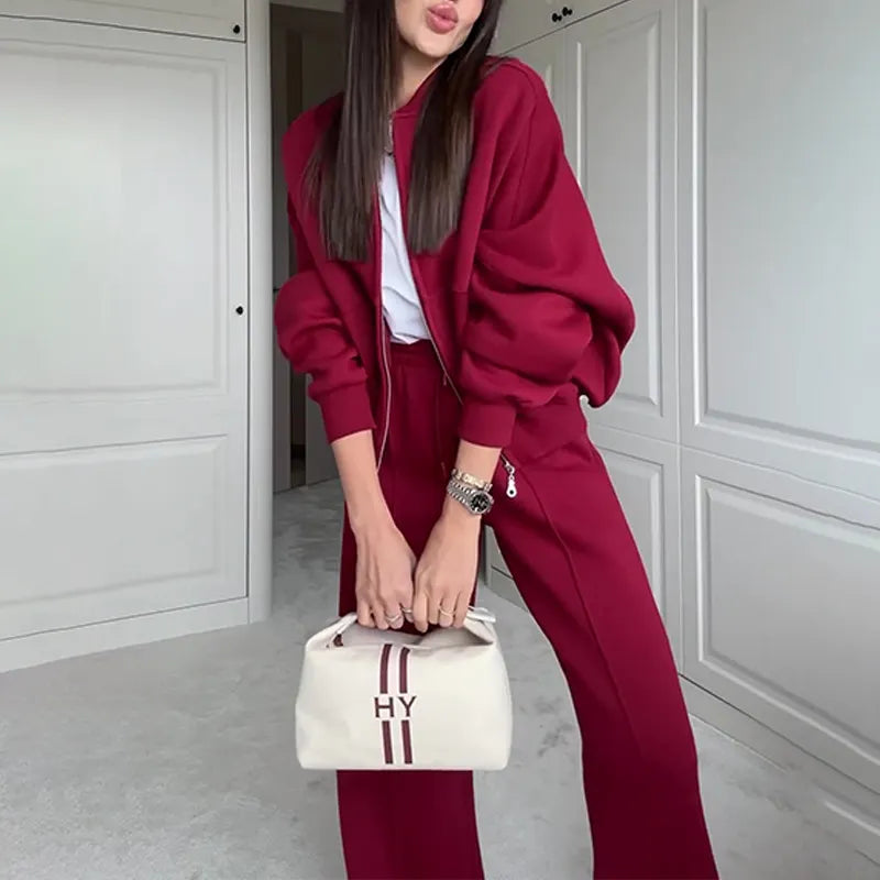 Fashionable Sweatshirt Jacket & Straight Pants Two-piece Set