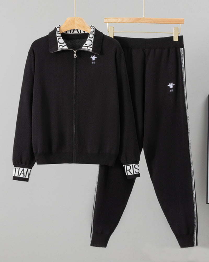 Zipper Embroidered Knitted Casual Two-piece Set