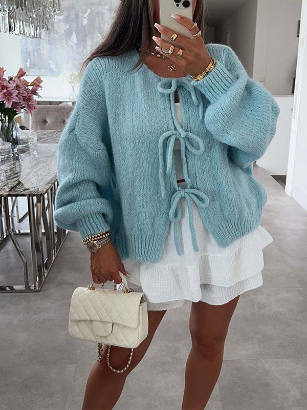 Stylish Solid Color Crew Neck Lace-up Sweater