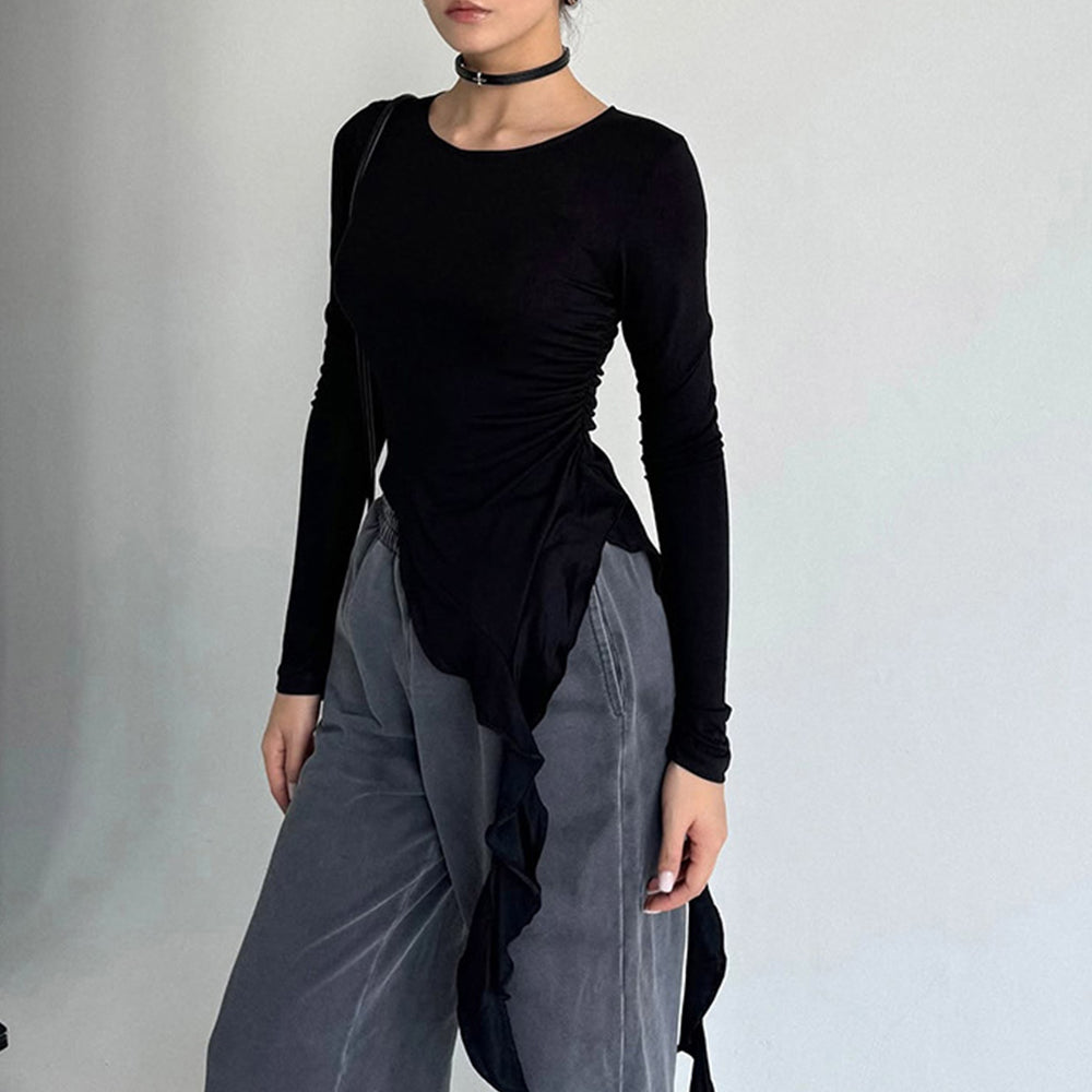 Solid Color Round Neck Ruffled Long-sleeved T-shirt