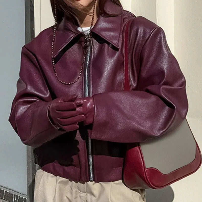 Stylish Lapel Leather Biker Jacket