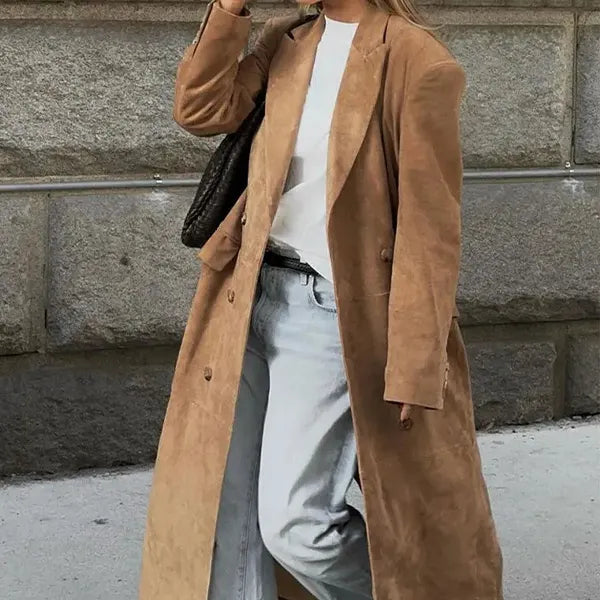 Stylish Lapel Long-Sleeved Double-Breasted Coat