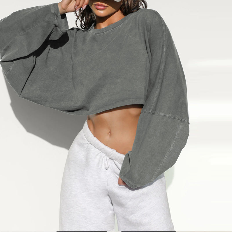 Short Round Neck Long Sleeves Sweatshirt