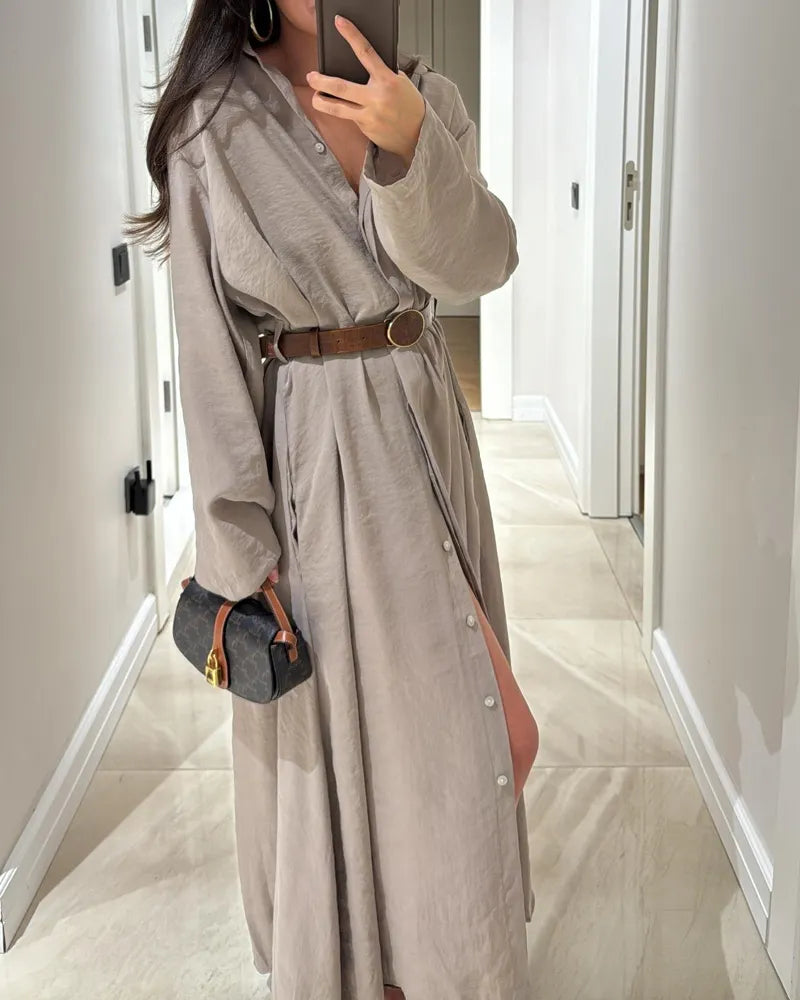 Casual Solid Color Shirt Dress (Without Belt)