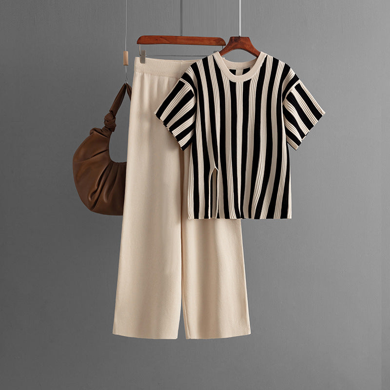 Casual Vertical Stripe Slit Top & High Waist Solid Color Pants Two-Piece Set