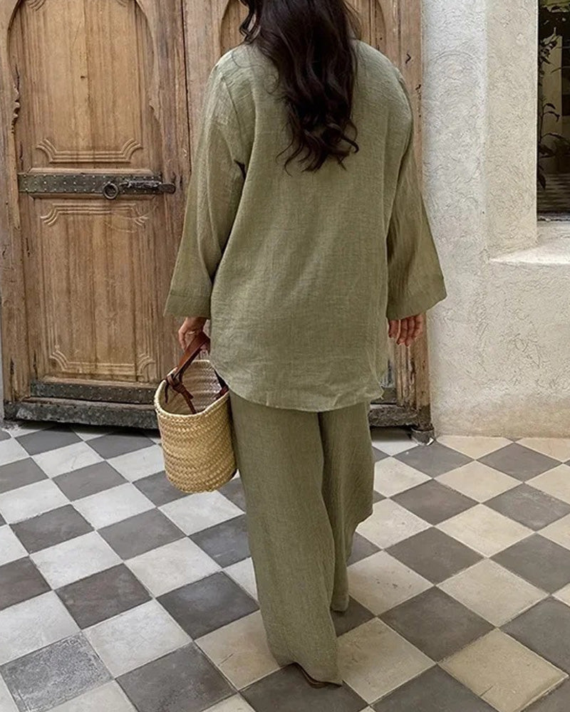 Casual V-Neck Shirt Pants Set