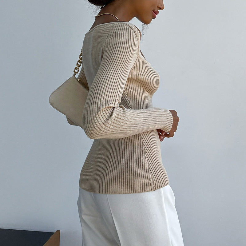 Square Neck Slim Knit Sweater with Long Sleeves Top