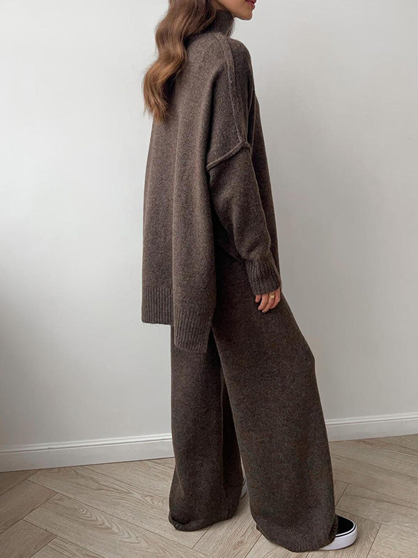 Stylish Casual Turtleneck Slit Sweater & Pants Two-Piece Set
