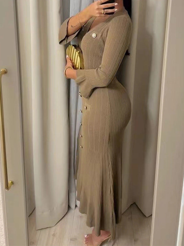 Fashion Solid Color Slim-Fit Long Sleeve Dress
