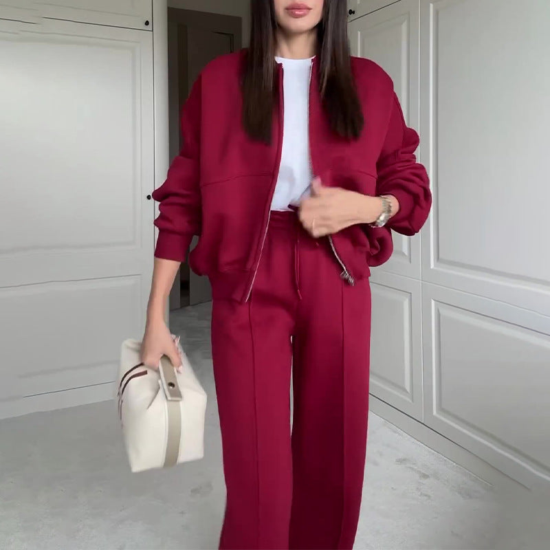 Fashionable Sweatshirt Jacket & Straight Pants Two-piece Set