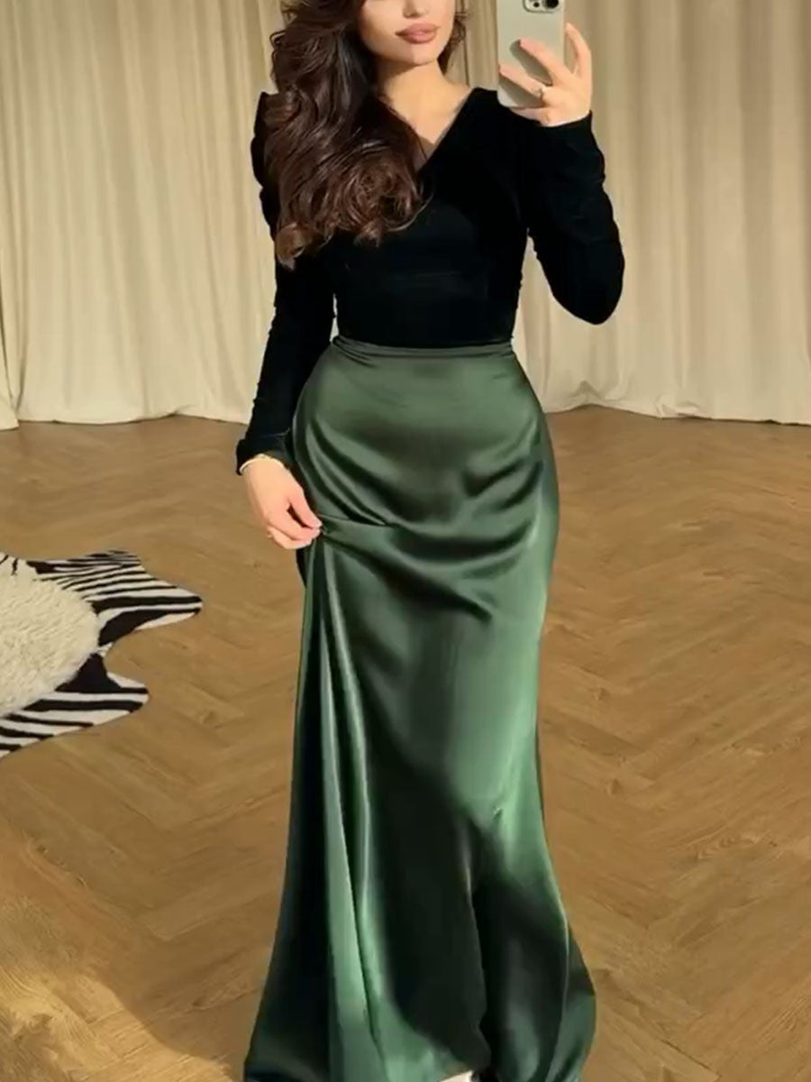 Elegant patchwork waisted maxi evening dress