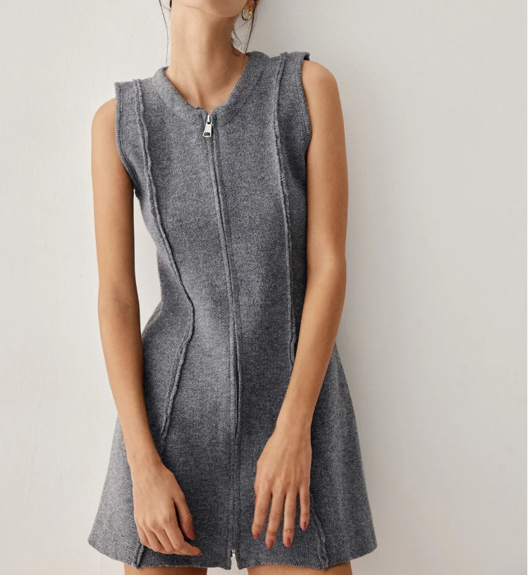 Zip Down Piping Short Sweater Dress