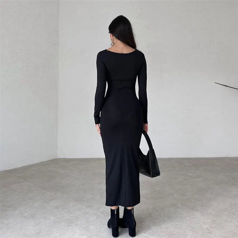 Sexy Pleated Long -sleeved Dress