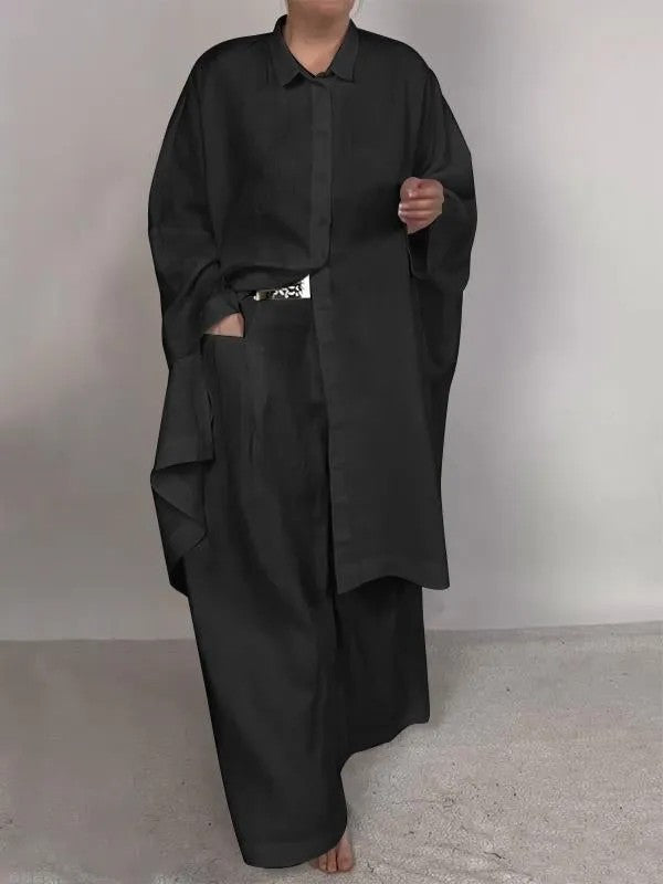 Fashion long shirt & wide-leg pants two-piece set