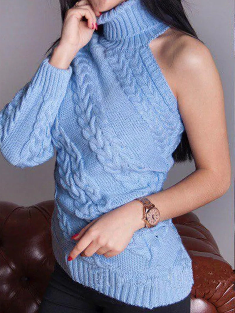 Fashion Sexy Strapless Single Sleeve Tall Neck Twist Sweater