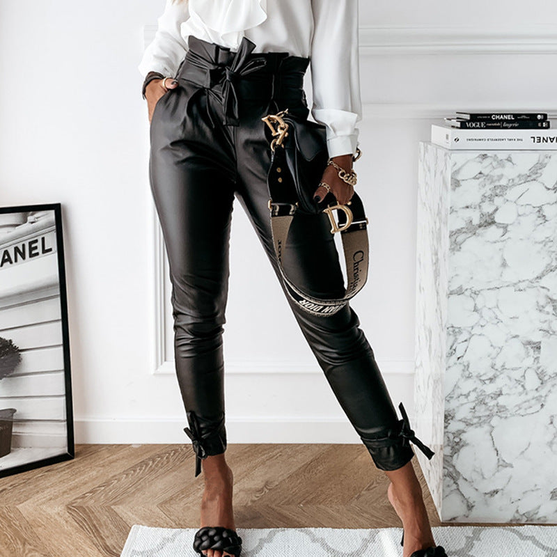 Fashion Casual PU Pants Pleated Tie Slim Pants