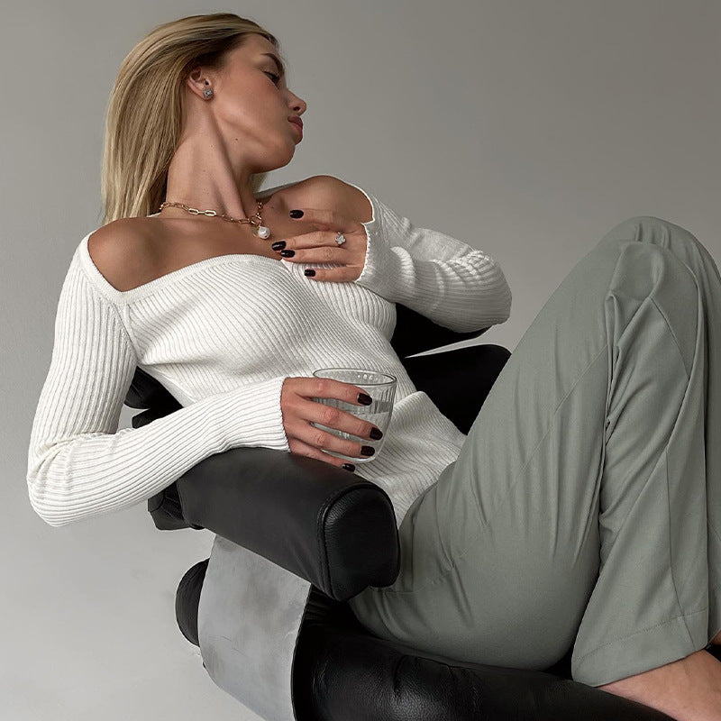 Square Neck Slim Knit Sweater with Long Sleeves Top
