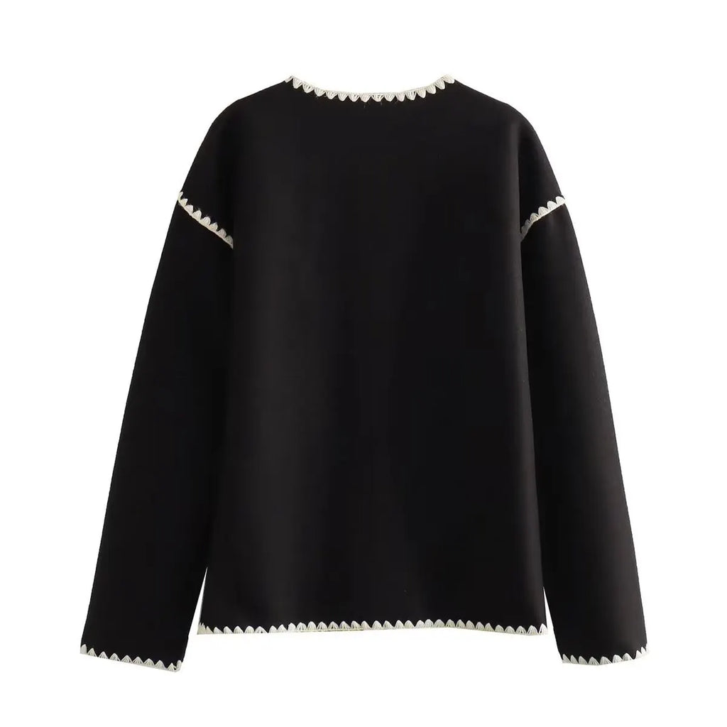 Elegant Crew-neck Edge Color Contrast Coat
