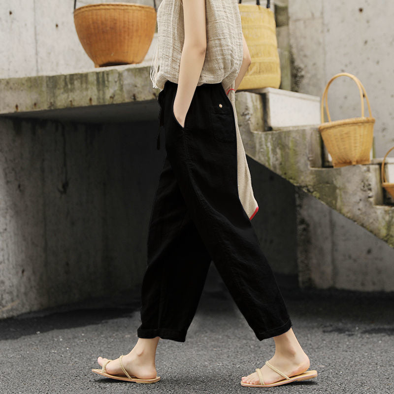 Solid Color Cotton Linen Lace Up Loose Casual Pants