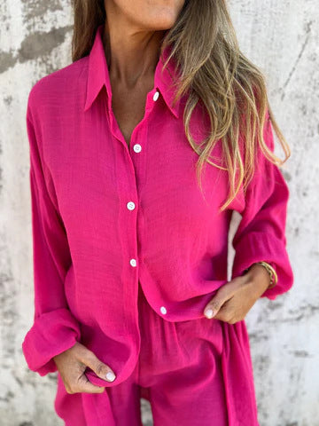 Casual Solid Color Shorts Long Sleeve Wrinkled Cloth Shirt Two-Piece Set