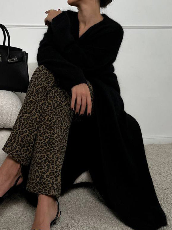Stylish Solid Color Waistband Loose Long Sweater