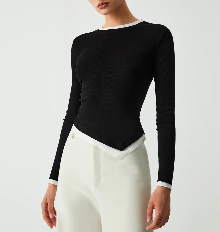 Asymmetric Hem Contrast Trim Long Sleeve Shirt