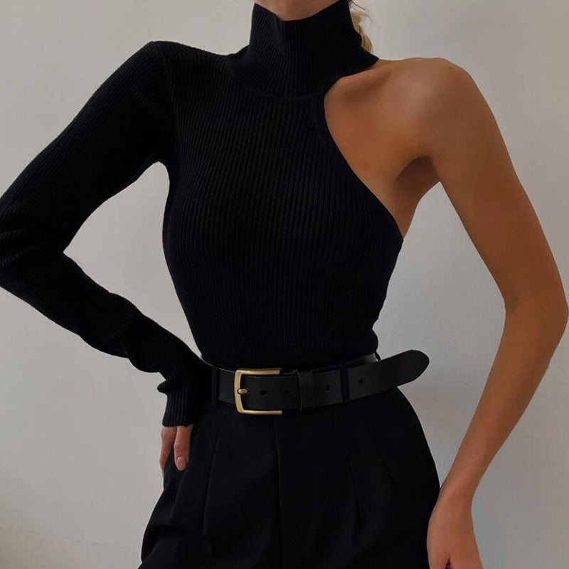 Elegant Round Neck One Shoulder Long Sleeves  T-Shirt