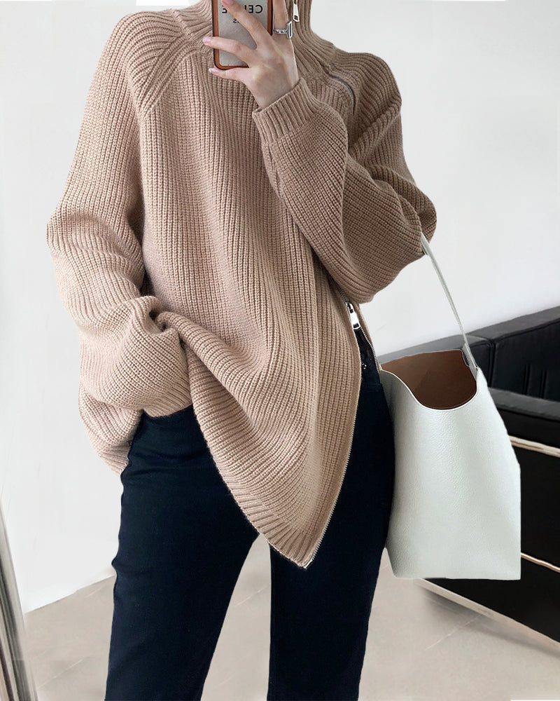 High Collar Zippered Loose Sweater