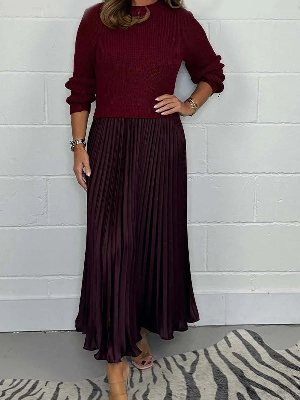 Fashion Solid Color Long-Sleeved Patchwork Pleated Dress