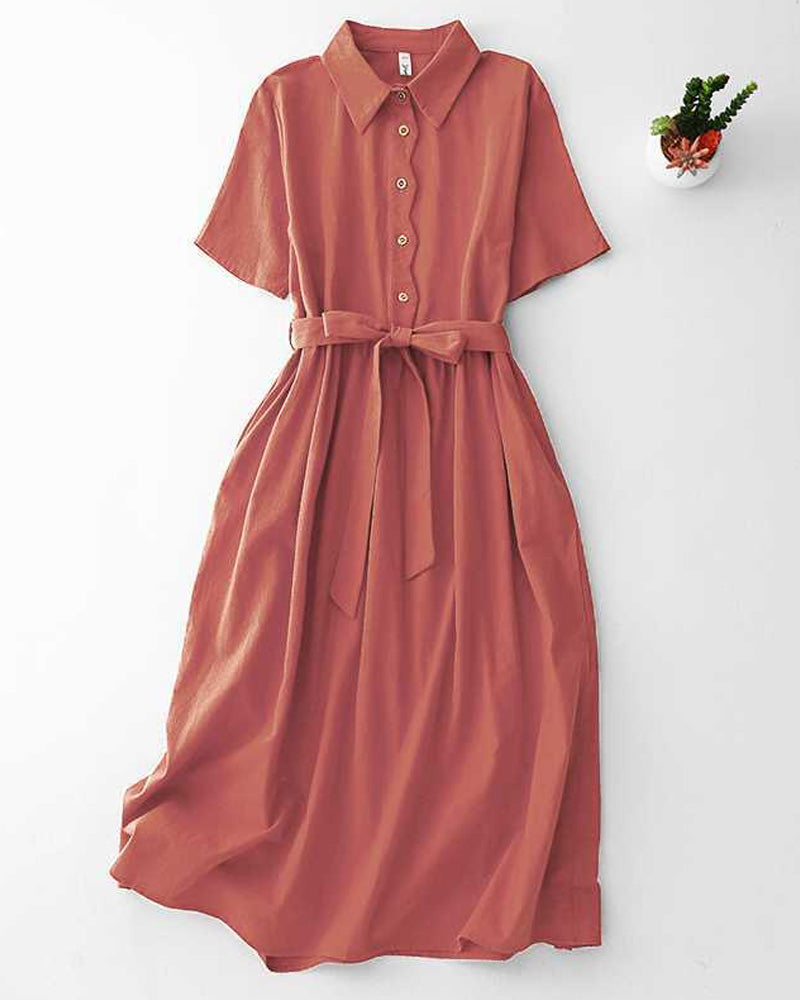 Simple Lace-Up Shirt Collar Dress