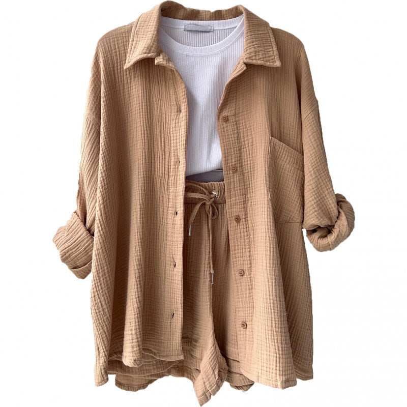 Fashion Shirt High Waist Drawstring Shorts Set