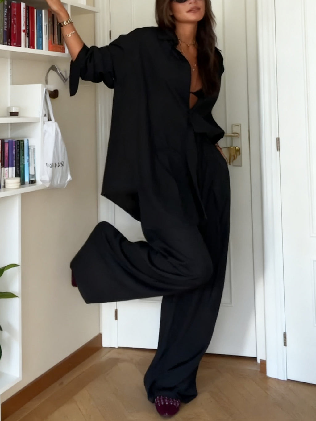 Fashion Solid Color Comfortable Shirt & Pants Two-piece Set