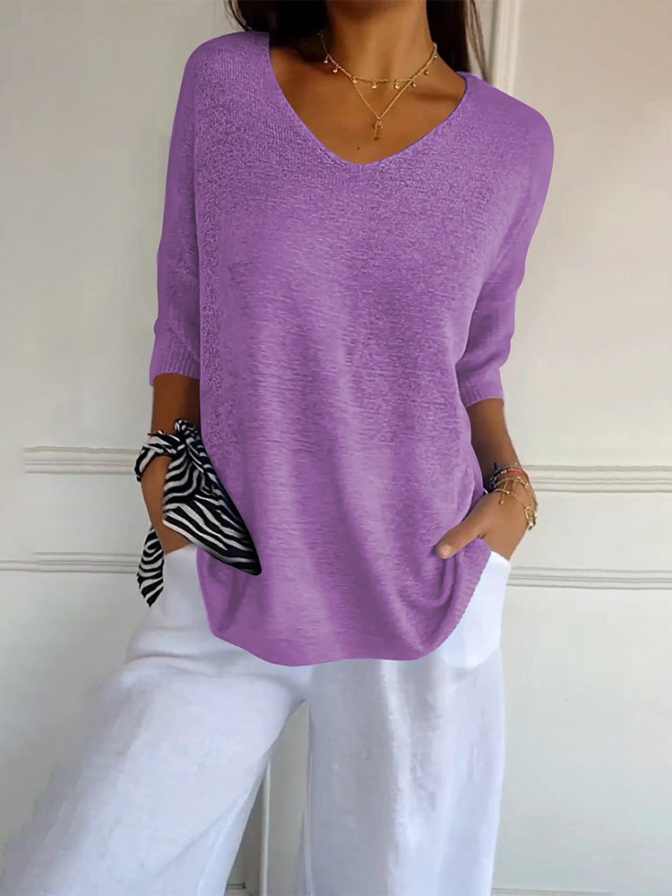 Casual V-neck Solid Color Slimming Top