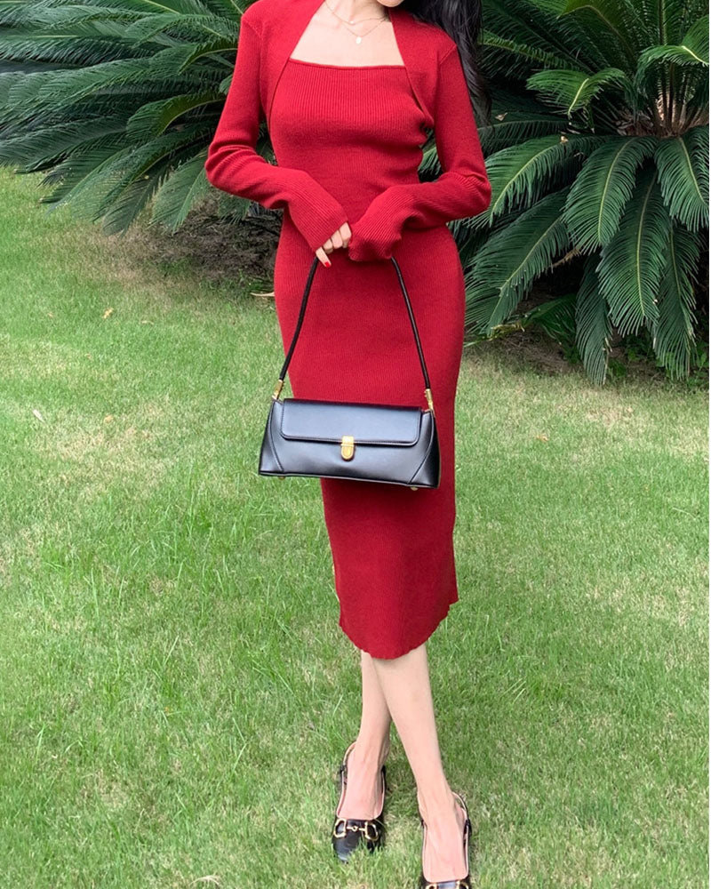Retro Elegance Pack Shoulder Square Neck Slim Dress