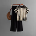 Casual Vertical Stripe Slit Top & High Waist Solid Color Pants Two-Piece Set