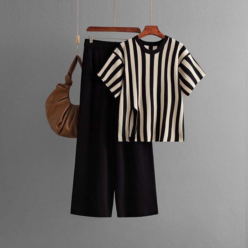 Casual Vertical Stripe Slit Top & High Waist Solid Color Pants Two-Piece Set