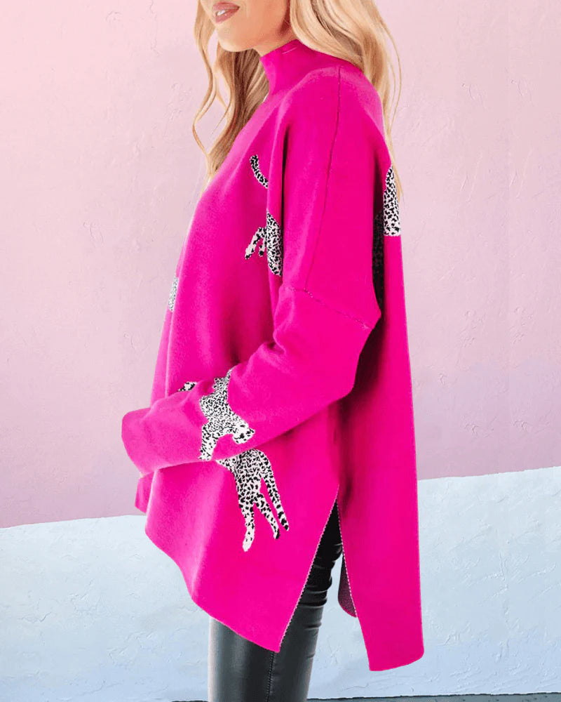 Casual Turtleneck Cheetah Print Sweater