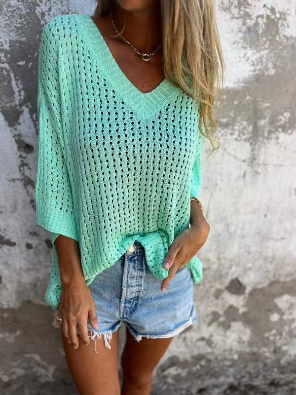 Hollow Long Sleeve V-Neck Top