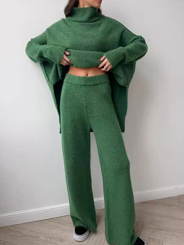 Stylish Casual Turtleneck Slit Sweater & Pants Two-Piece Set
