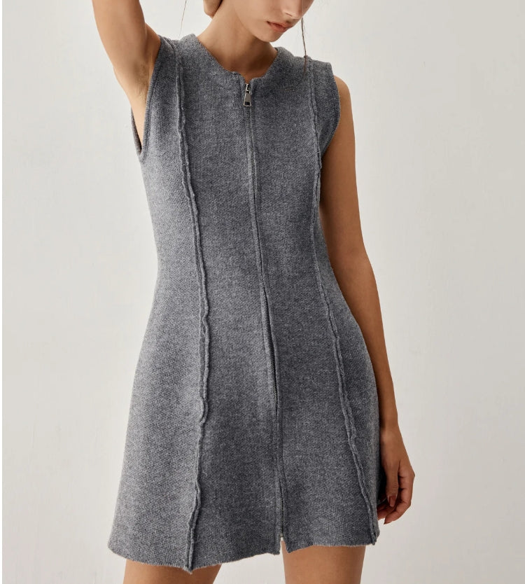 Zip Down Piping Short Sweater Dress