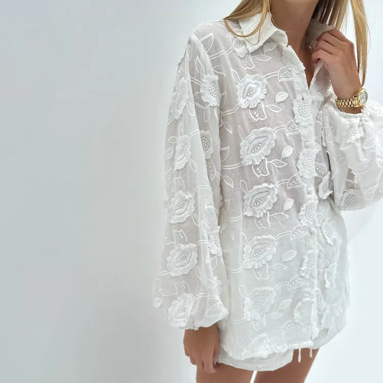 Stylish Embroidered See-Through Shirt & High-Waisted Shorts Set