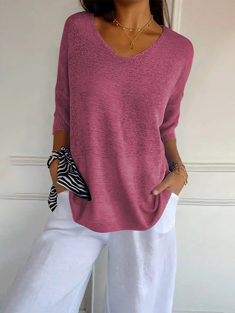 Casual V-neck Solid Color Slimming Top