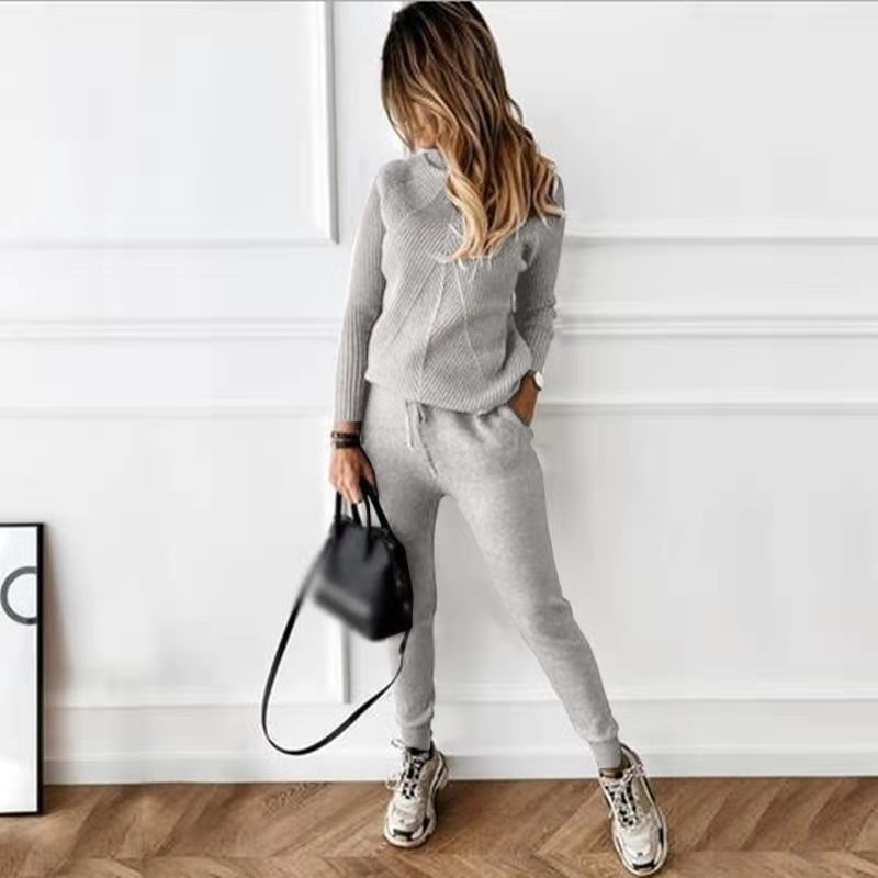 Ladies High-Neck Solid Color Fashion Casual Set