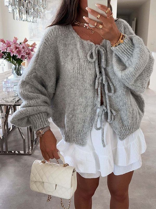 Stylish Solid Color Crew Neck Lace-up Sweater