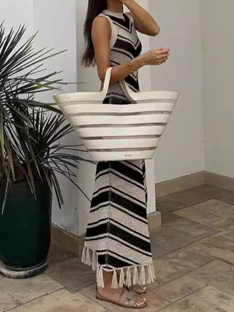 Chic Striped Fringe Knitted Dress