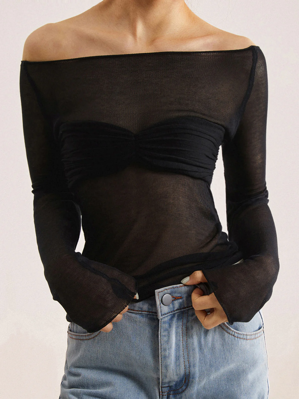 Nostalgia Off-Shoulder Mesh Long Sleeve Sweater