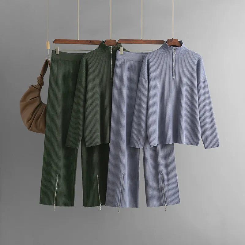 Casual Turtleneck Zipper Sweater Two-Piece Set