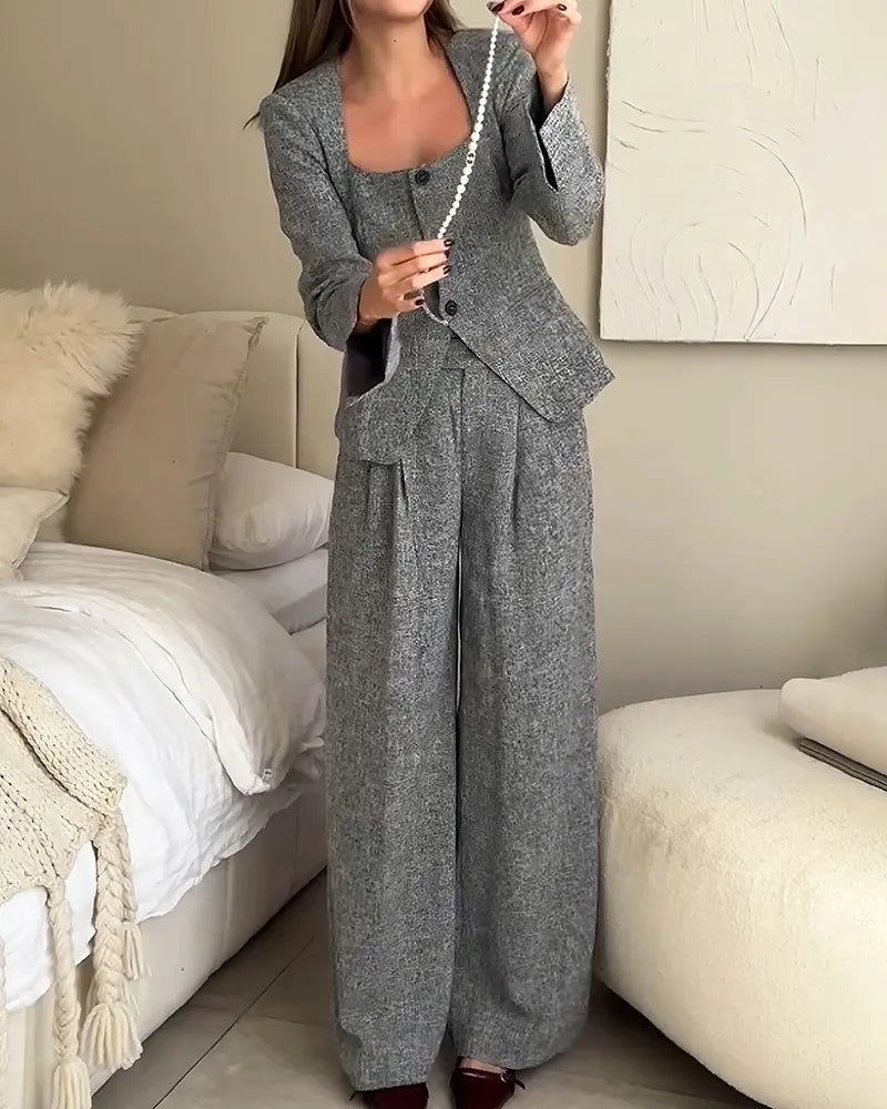 Fashionable Square Collar Blazer & Pants Two-Piece Set