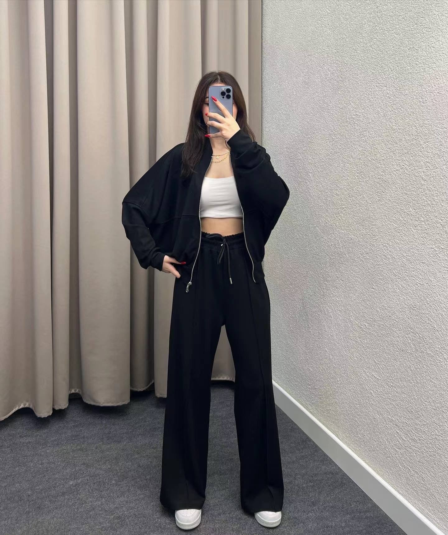 Fashionable Sweatshirt Jacket & Straight Pants Two-piece Set