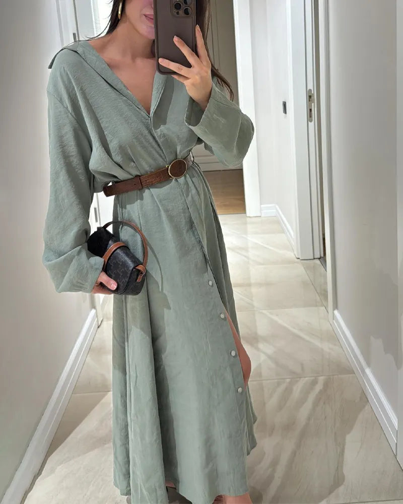 Casual Solid Color Shirt Dress (Without Belt)